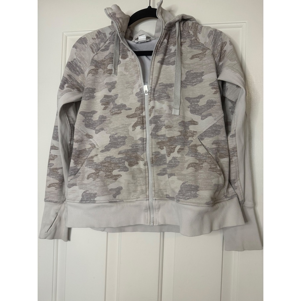 Athleta Camo Full Zip Hoodie Jacket Gray Tan Fleece Lined Thumbholes MP